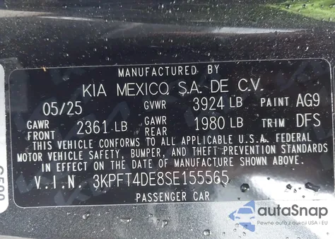 2025 Kia K4 Lxs from USA, damaged, VIN 3KPFT4DE8SE155565
